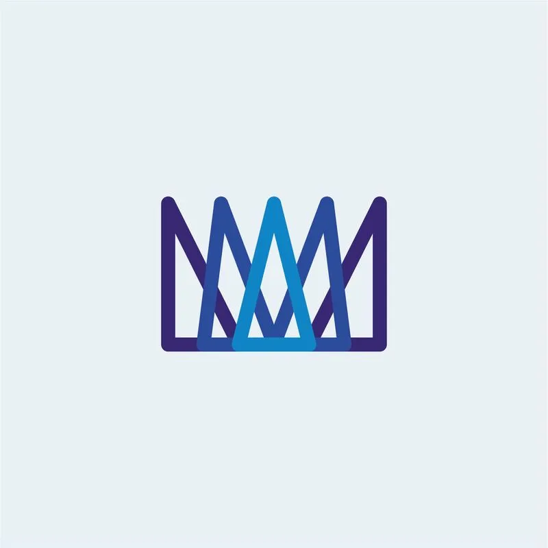 En logotyp bestående av tre sammanflätade trianglar i olika blå nyanser, som tillsammans bildar formen av en krona, mot en ljusblå bakgrund.